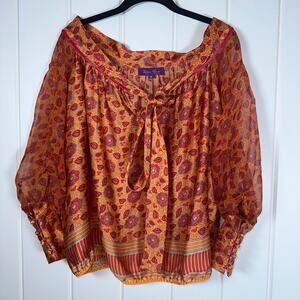 Lolita Jaca St Barth Top Womens Small Silk Long Sleeve Orange/Red Elastic Waist